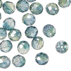 Czech fire-polished glass 1pkg50, faceted round bead translucent green/teal luster 8mm