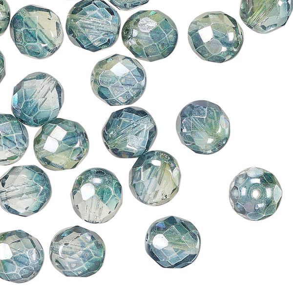 Czech fire-polished glass 1pkg50, faceted round bead translucent green/teal luster 8mm image number 0