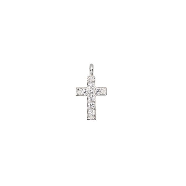 Drop, sterling silver and cubic zirconia, clear, 9x6mm single-sided cross. Sold individually. image number 0