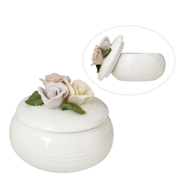 Trinket box, porcelain, multicolored, 3-1/2 inch round with flowers, leaves and lines. Sold individually. image number 0