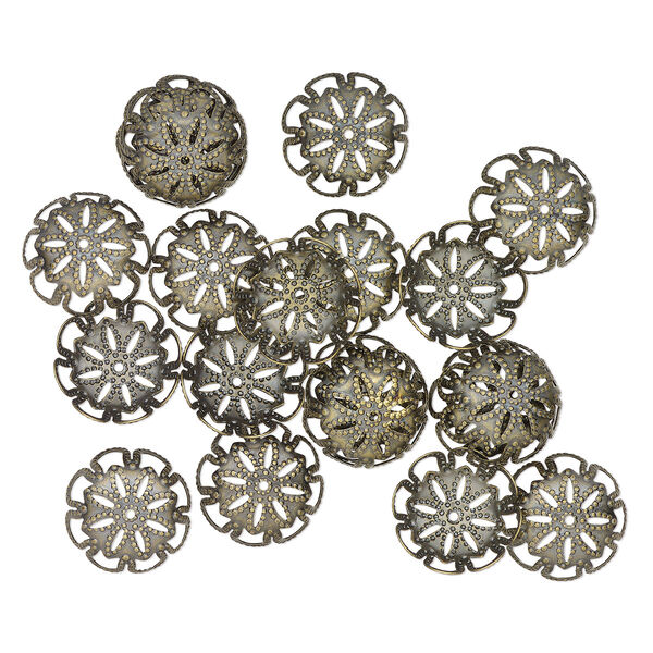 Bead cap, antique brass-finished aluminum, 17mm textured scalloped round, fits 16-18mm beads. Sold per pkg of 20. image number 0