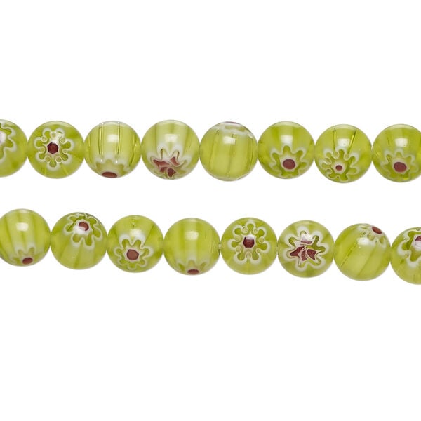 Bead, millefiori glass 1pkg1, translucent dark yellow-green / white / dark red, 6mm round, 15 inches. image number 0