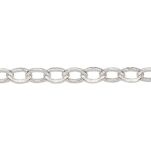 Chain, sterling silver, 7x6mm hammered cable. Sold per pkg of 5 feet. image number 0