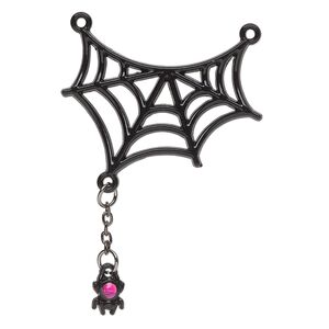Focal, black-finished "pewter" (zinc-based alloy) and resin, black and pink, 56x39mm spiderweb. Sold per pkg of 2.