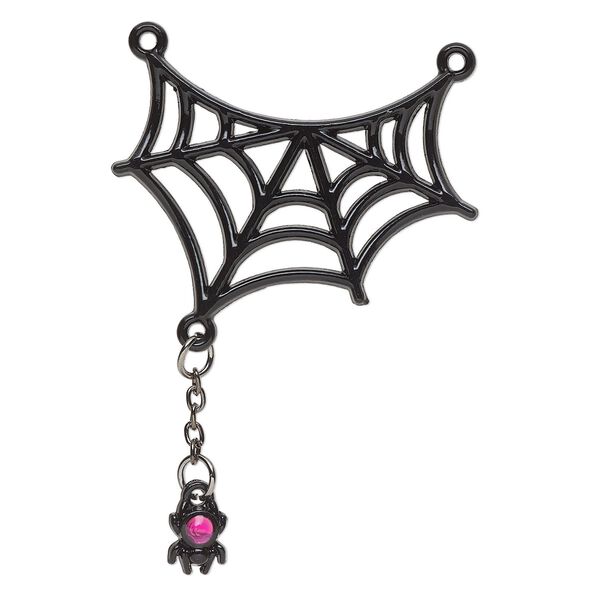 Focal, black-finished "pewter" (zinc-based alloy) and resin, black and pink, 56x39mm spiderweb. Sold per pkg of 2. image number 0