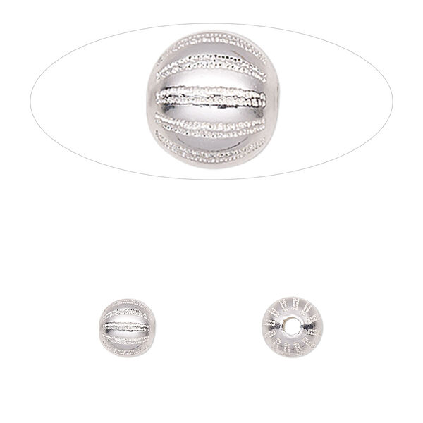 Bead, sterling silver, 6mm fluted round with laser-cut melon design. Sold individually. image number 0
