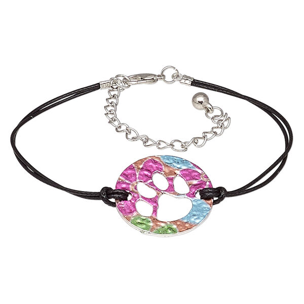 Bracelet, mylar / waxed cotton cord / imitation rhodium-plated steel / "pewter" (zinc-based alloy), black and multicolored, 27mm round with paw cutout, 7-1/2 inches with 3-inch extender chain and lobster claw clasp. Sold individually. image number 0