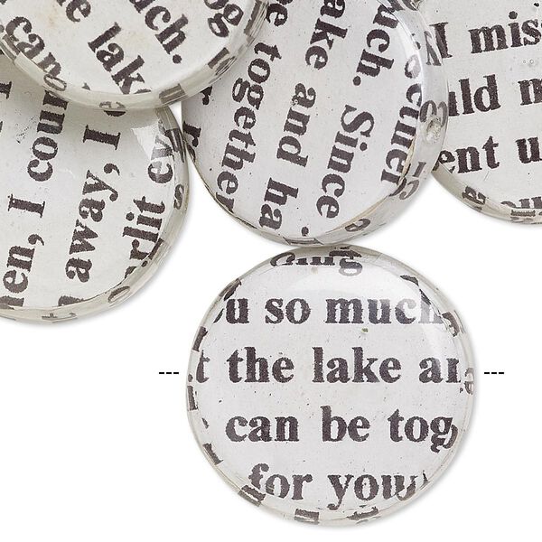 Bead, wood / newspaper / acrylic, white and black, 24mm double-sided flat round with phrase in English. Sold per pkg of 8. image number 0