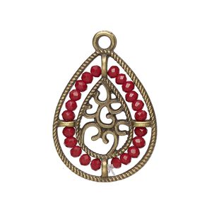 Drop, antique brass-finished "pewter" (zinc-based alloy), dark red, 27.5 x 21.5mm teardrop with hearts and beaded border. Sold per pkg of 2.