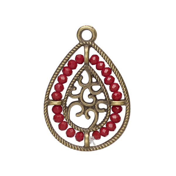 Drop, antique brass-finished "pewter" (zinc-based alloy), dark red, 27.5 x 21.5mm teardrop with hearts and beaded border. Sold per pkg of 2. image number 0