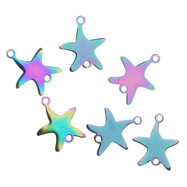 Link, electro-coated stainless steel, rainbow, 15.5x15mm double-sided starfish. Sold per pkg of 6. image number 0