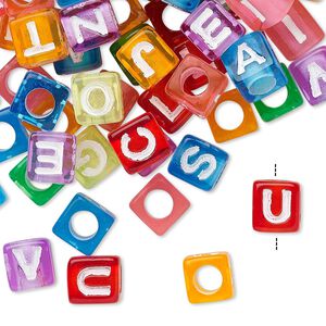 Bead mix, acrylic, translucent mixed colors, 6.5x6mm vertically drilled cube with alphabet letters and 3.5mm hole. Sold per pkg of 100.