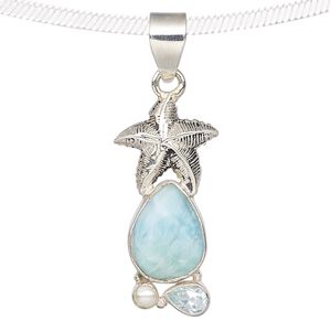 Pendant, larimar (natural) / sky blue topaz (irradiated) / cultured freshwater pearl (bleached) / antiqued sterling silver, 32x15mm with starfish and teardrop. Sold individually.