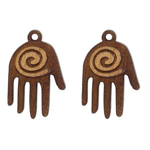 Drop, red alder (natural), 22x17mm single-sided left-facing hand with spiral design. Sold per pkg of 2.
