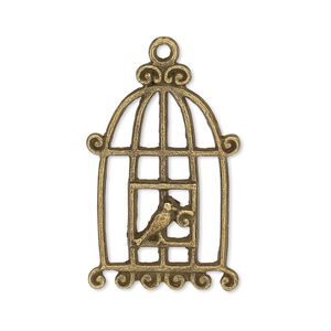 Focal, antiqued brass-finished "pewter" (zinc-based alloy), 30.5x20mm single-sided bird in cage. Sold per pkg of 4.