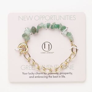 Bracelet, steel / brass / green aventurine (natural), pkg/1, 6 inches with springring clasp, gold finish.