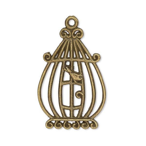 Focal, antiqued brass-finished "pewter" (zinc-based alloy), 31x21mm single-side bird in cage. Sold per pkg of 4. image number 0