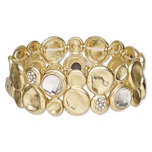 Bracelet, stretch, glass rhinestone and gold-finished "pewter" (zinc-based alloy), clear, 25mm wide, 6-1/2 inches. Sold individually.
