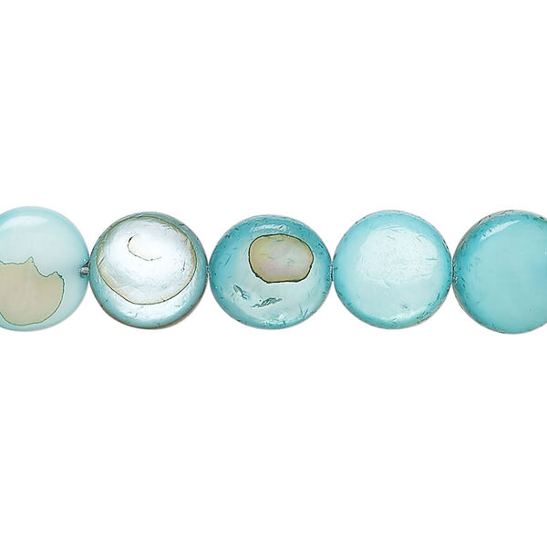 Mother-of-pearl shell 1pkg1, puffed flat round bead 15 inch teal 9-10mm image number 0