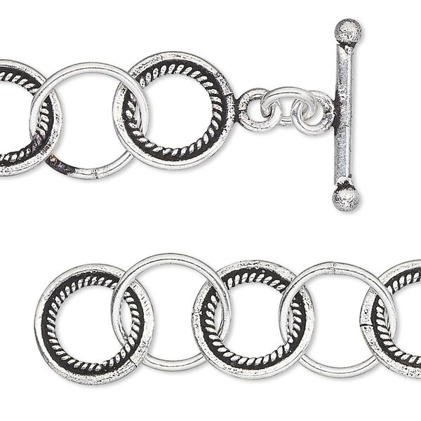 Chain, antique silver plate copper, 13mm smooth and textured round cable, 6-1/2 inches with toggle clasp. Sold individually. image number 0