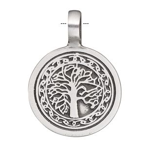 Pendant, antiqued pewter (tin-based alloy), 39x28mm single-sided flat round with tree design. Sold individually.