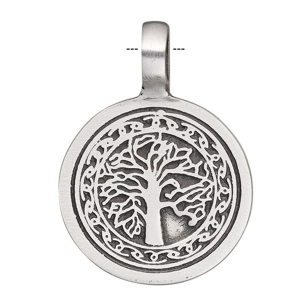 Pendant, antiqued pewter (tin-based alloy), 39x28mm single-sided flat round with tree design. Sold individually. image number 0