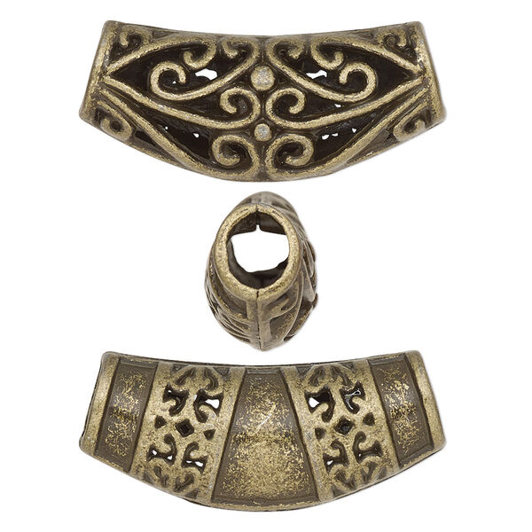 Bead, antique brass-finished "pewter" (zinc-based alloy), 33x14mm two-sided curved tube with fancy scroll cutout. Sold per pkg of 2. image number 0
