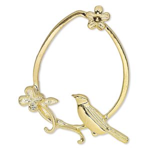 Focal, gold-finished "pewter" (zinc-based alloy), 48x40mm single-sided open teardrop with cutout bird and flower design. Sold per pkg of 2.