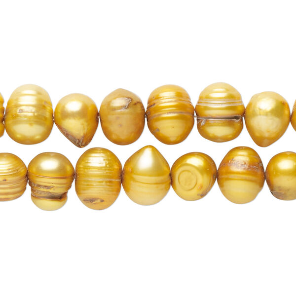 Pearl, cultured freshwater pearl (dyed), pkg/14 inches, gold/copper/brass, 7-11mm semi-potato. image number 0