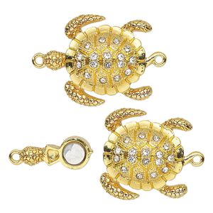 Clasp magnetic 1pkg1 gold-plated "pewter" (zinc alloy), 30x25.5mm 3D sea turtle, clear rhinestone 1-strand