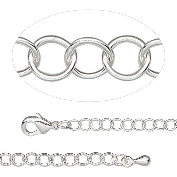 Chain, silver-plated steel and brass, 3.5mm round cable, 7-1/2 inches with 2-inch extender chain and lobster claw clasp. Sold individually. image number 0