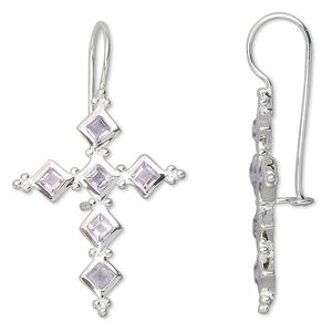 Earring, sterling silver and amethyst (natural), 3mm faceted square, 41x24mm cross. Sold per pair.