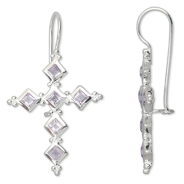 Earring, sterling silver and amethyst (natural), 3mm faceted square, 41x24mm cross. Sold per pair. image number 0