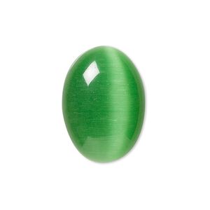 Cabochon, cat's eye glass (fiber optic glass), green, 25x18mm calibrated oval, quality grade. Sold per pkg of 4.