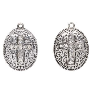 Drop, antique silver-finished "pewter" (zinc-based alloy) and glass, clear, 26x20mm oval with cross and beaded edge. Sold per pkg of 2.