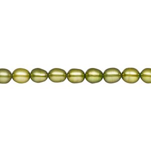 Pearl, cultured freshwater (dyed), green olive, 4-5mm rice, C grade, Mohs hardness 2-1/2 to 4. Sold per 15-inch strand.