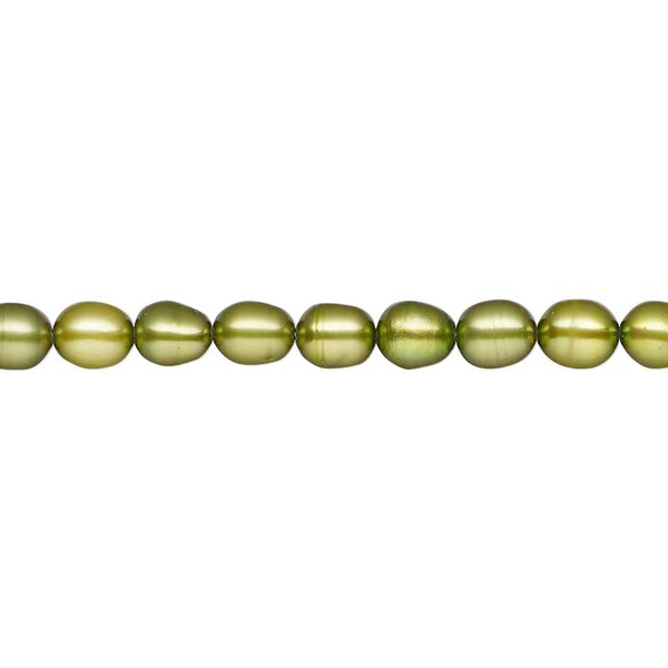 Pearl, cultured freshwater (dyed), green olive, 4-5mm rice, C grade, Mohs hardness 2-1/2 to 4. Sold per 15-inch strand. image number 0