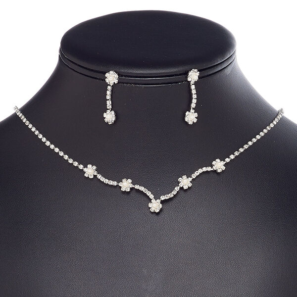 Necklace and earring set, glass rhinestone / plastic / glass pearl / imitation rhodium-plated brass / steel, clear and white, cupchain and 7x7mm flower, 15" to 16" necklace with 3-inch extender chain and lobster claw clasp, 28mm earrings with post. Sold per set. image number 0