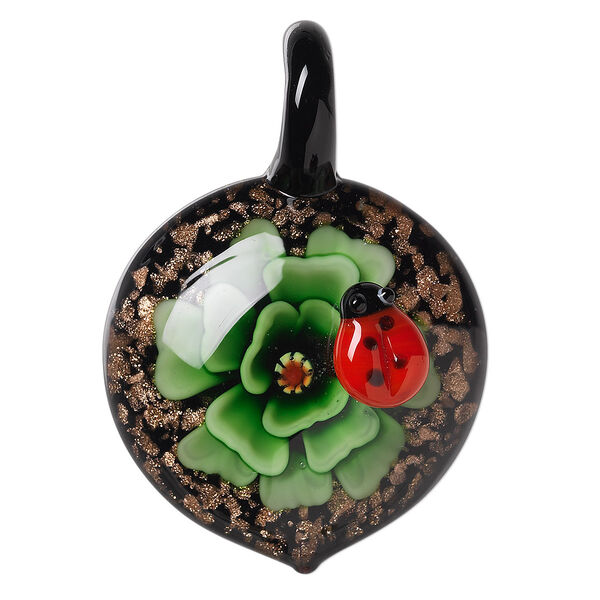 Pendant, lampworked glass, green and multicolored with copper-colored foil, 50x34mm single-sided domed round with flower and ladybug design. Sold individually. image number 0