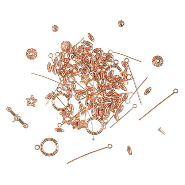 Bead and finding mix, shiny copper, 2-50mm mixed shapes. Sold per pkg of 50-grams, approximately 90-135 pieces. image number 0