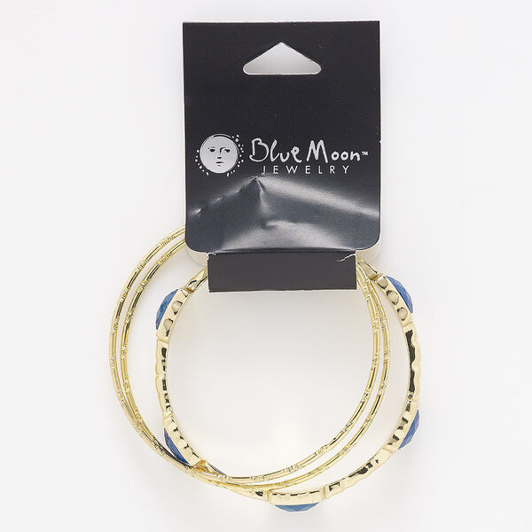 Bracelet mix, bangle, gold-finished "pewter" (zinc-based alloy) / steel / acrylic, blue, 2mm and 13mm wide, 7-1/2 to 8 inches. Sold per pkg of 3. image number 0