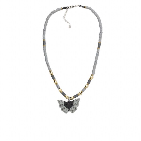 Necklace, polymer clay / glass rhinestone / imitation rhodium-finished brass / steel / gold-coated plastic, multicolored with glitter, 2 x 1-1/4 inch single-sided butterfly, 16 inches with 2-inch extender chain and lobster claw clasp. Sold individually. image number 0
