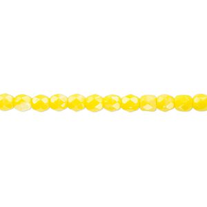 Bead, Czech fire-polished glass, opaque yellow, 4mm faceted round. Sold per 15-1/2" to 16" strand, approximately 100 beads.