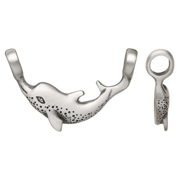 Pendant, antiqued pewter (tin-based alloy), 47x31.5mm single-sided dolphin. Sold individually. image number 0