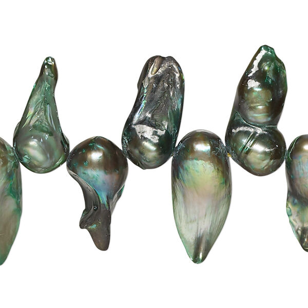 Pearl, cultured freshwater (dyed), iris green, 10x6mm-20x14mm baroque with 0.4mm hole, D grade, Mohs hardness 2-1/2 to 4. Sold per 15-inch strand. image number 0