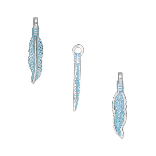 Charm, antique silver-finished pewter (tin-based alloy), blue patina, 16x4.5mm single-sided feather. Sold per pkg of 10. image number 0