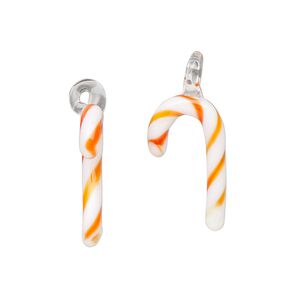 Drop, lampworked glass, opaque red-orange / orange / white, 16x8mm-22x12mm candy cane. Sold per pkg of 2.