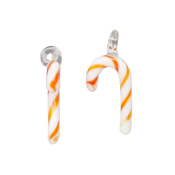 Drop, lampworked glass, opaque red-orange / orange / white, 16x8mm-22x12mm candy cane. Sold per pkg of 2. image number 0