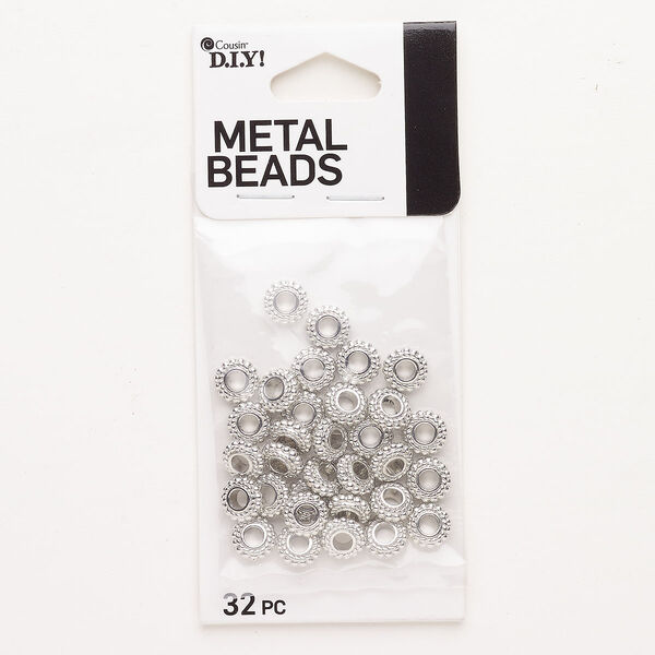 Bead, "pewter" (zinc-based alloy), pkg/32, silver finish, 7x3mm beaded rondelle. image number 0