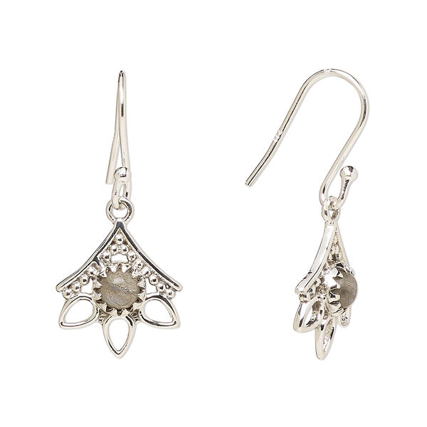 Ear wire, Create Compliments®, antiqued sterling silver and labradorite (natural), fishhook, 28mm with 14x12.5mm single-sided beaded open 3-teardrop, 21 gauge. Sold per pair. image number 0